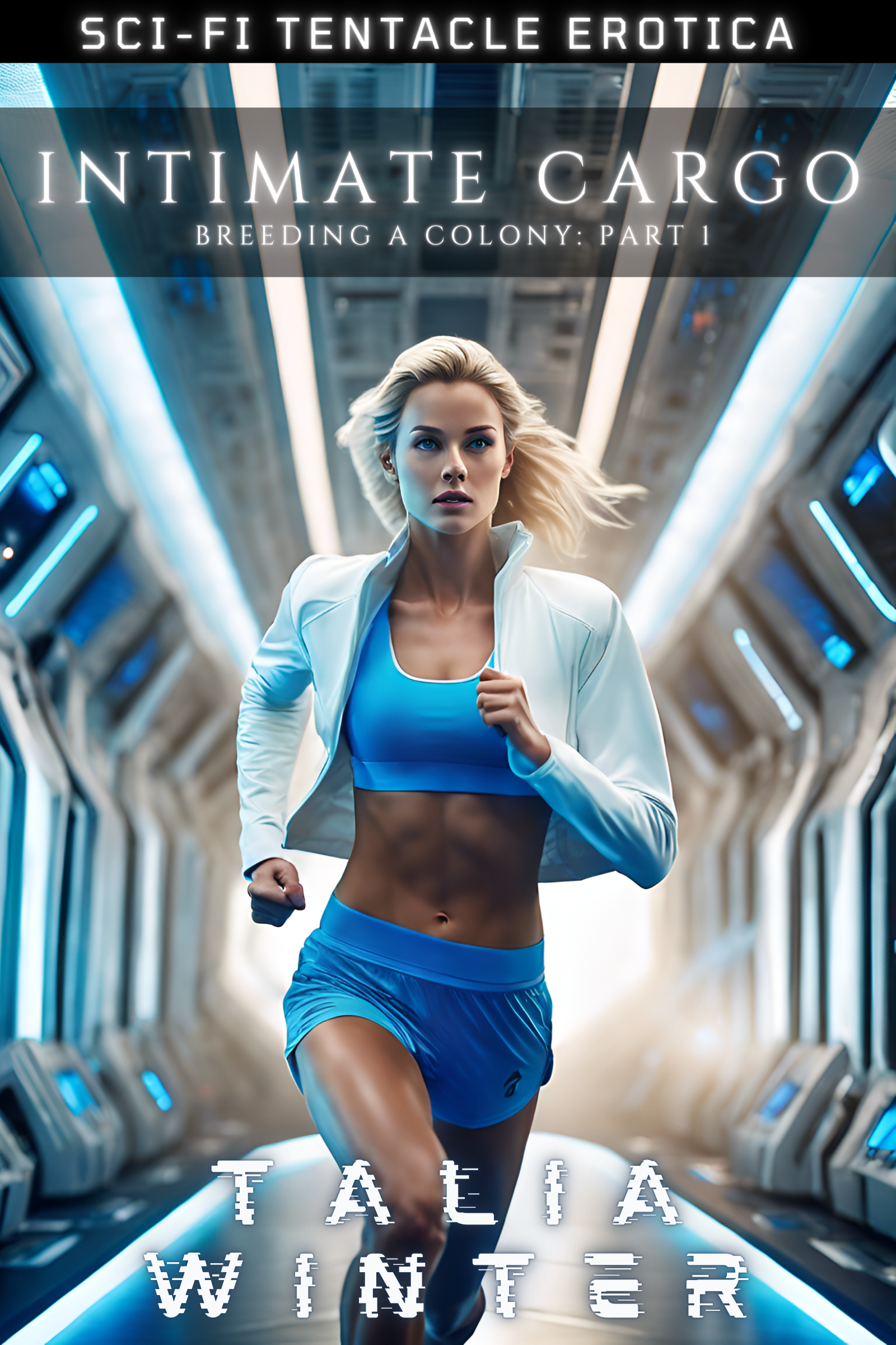 Cover art for &quot;Intimate Cargo&quot;: A woman in a sports bra, shorts, and jacket running down a sci-fi corridor.